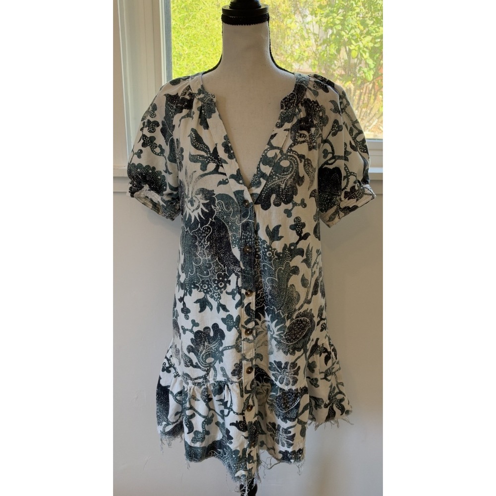 Pilcro Anthropologie Dress Small Short Puff Sleeve Floral Multicolor Button Up